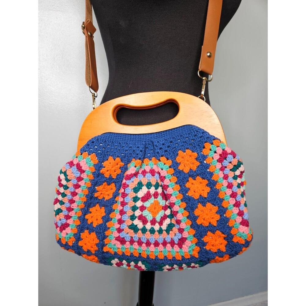 Crochet Granny Square Bag Wooden Handle Crossbody Clutch Boho Festival Hippie